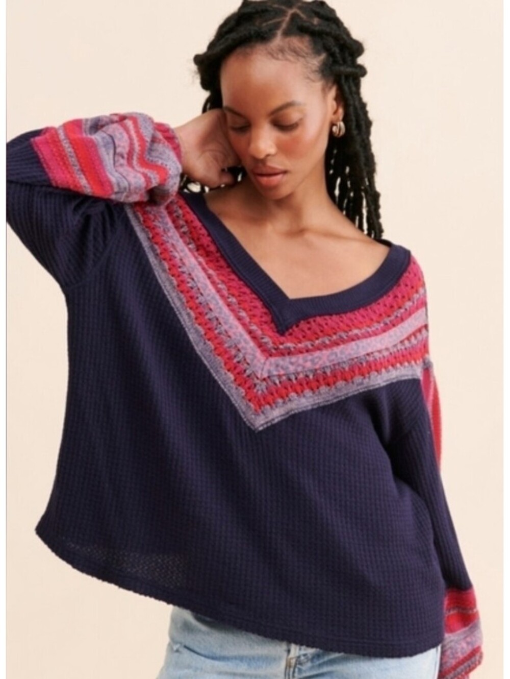 FREE PEOPLE navy pink copenhagen thermal top sz S